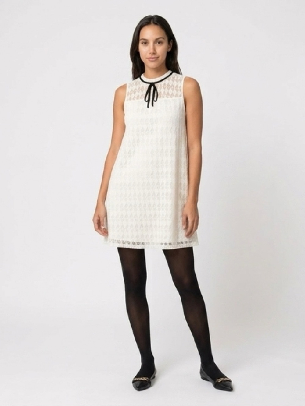 Sleeveless white Lace Shift Dress with Black Trim